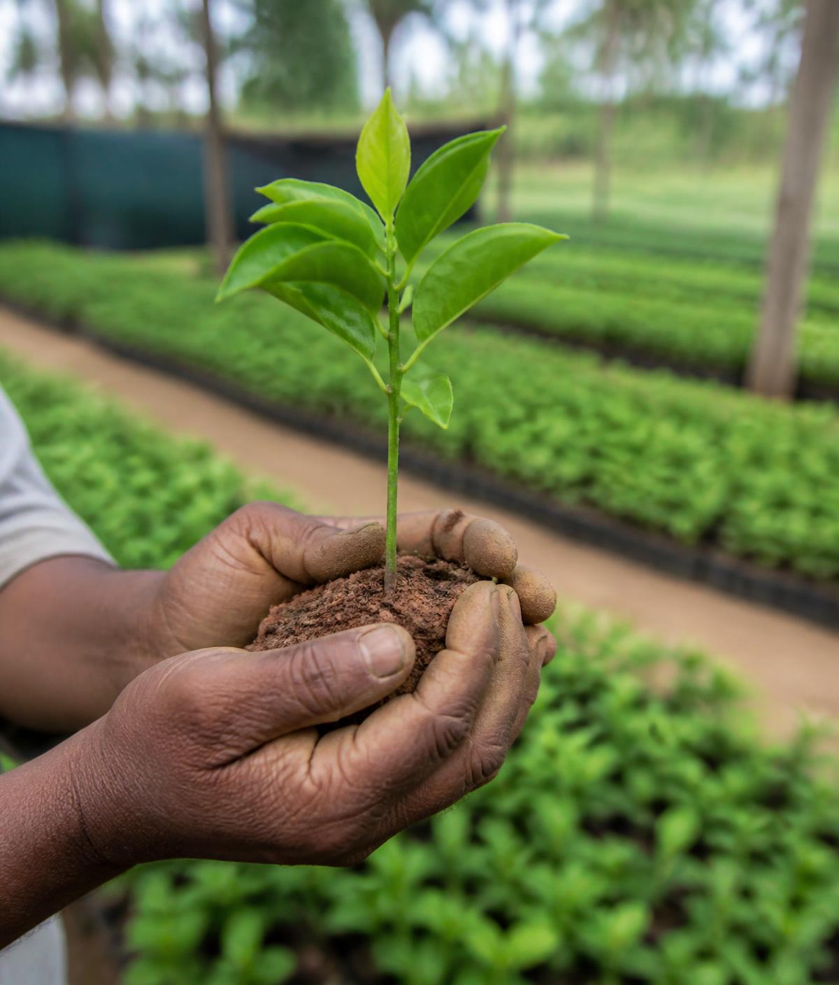 Hands holding a young seedling in front of nursery beds