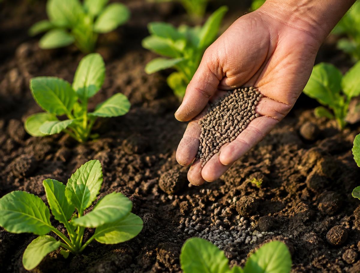 Organic fertilizer granules being applied to soil beside green seedlings