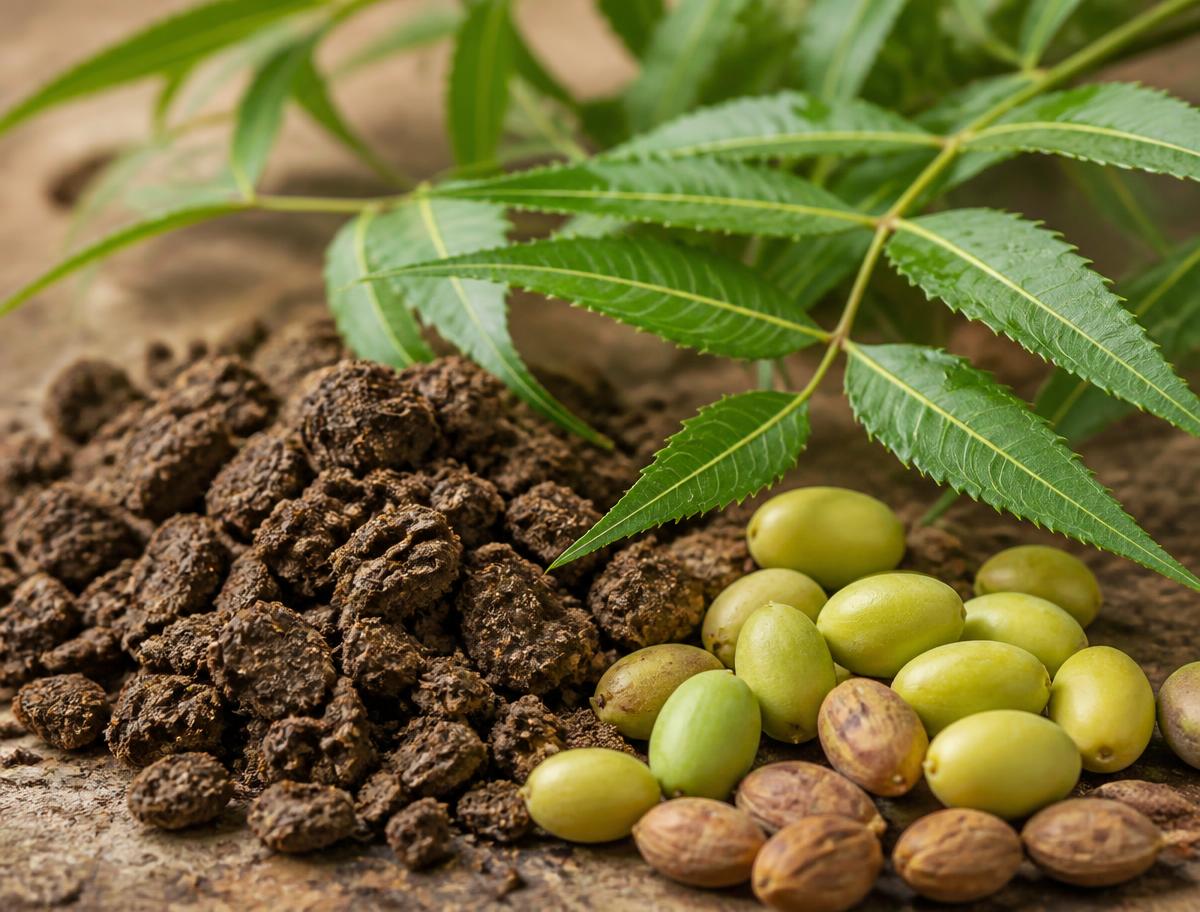 Neem cake granules with neem seeds and fresh neem leaves
