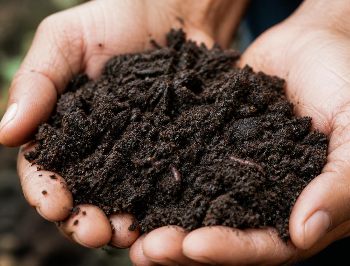 Close-up of rich vermicompost organic manure held in hands